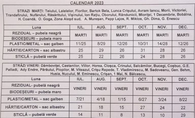 Graficul calendaristic de ridicare deseuri pentru orasul Alesd
