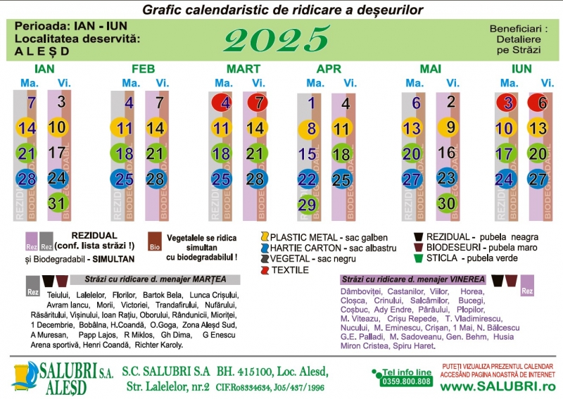 GRAFICE CALENDARISTICE DE RIDICARE DESEURI din zona 2 pentru anul 2025