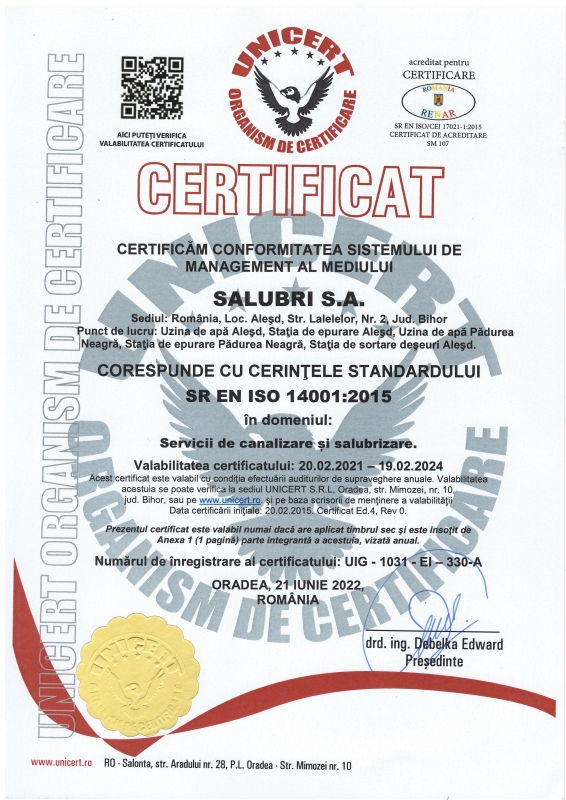 Certificat ISO 14001:2015 - alimentare apa, canalizare, salubritate