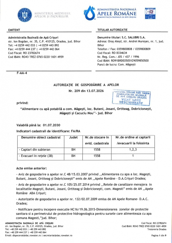 Autorizație de Gospodărire a Apelor - Măgești și Cacuciu Nou