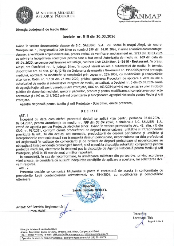 Viza anuala la autorizatia de mediu 109 - Strand Termal Alesd