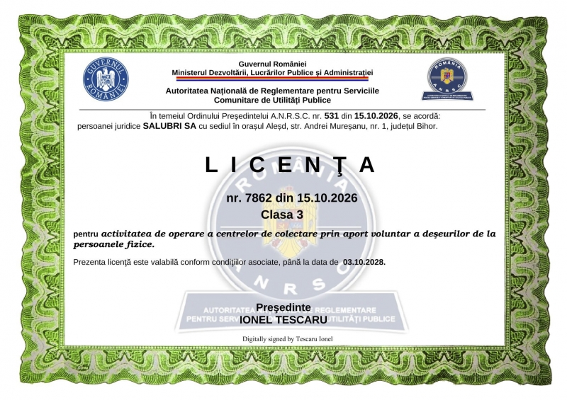 Licență ANRSC - Platforma aport voluntariat - CAV ALEȘD, BRATCA, VAD