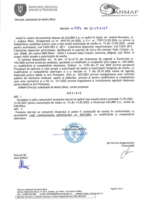 Viza anuala - autorizatie mediu CAV - VADU-CRISULUI