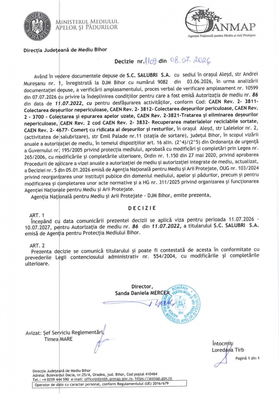 Viza anuala - autorizatie mediu SALUBRITATE, SORTARE